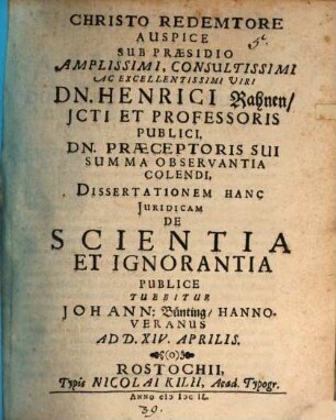 Christo ... sub praesidio ... Henrici Rahnen ... diss. iur. de scientia et ignorantia