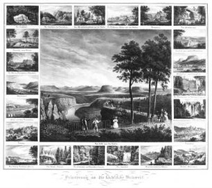 Erinnerung an die Sächsische Schweiz : Arldt, Carl Wilhelm: Erinnerung an die Sächsische Schweiz. Farblithografie; 37,1 x 45,7 cm. Dresden: Kupferstich-Kabinett A 1962-314 in Sax.top.VII a,1,1