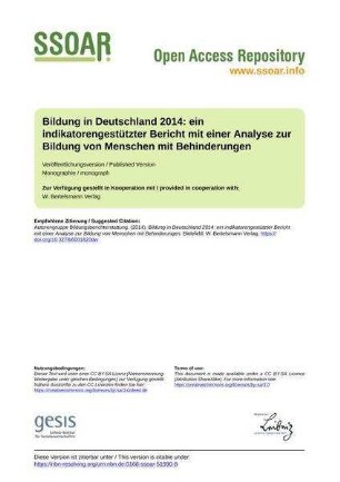 Bildung in Deutschland 2014: ein indikatorengestützter Bericht mit einer Analyse zur Bildung von Menschen mit Behinderungen