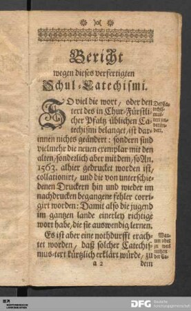 Bericht wegen dieses verfertigten Schul-Catechismi.