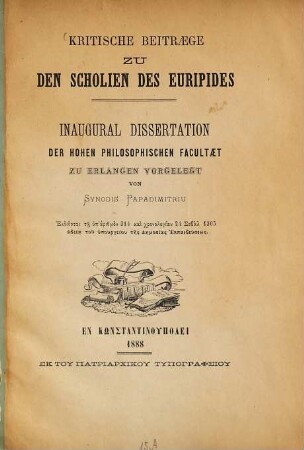 Kritische Beitraege zu den Scholien des Euripides
