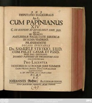 Disputatio Inauguralis Ad L. Cum Papinianus XIV. : C. De Sentent. Et Interlocut. Omn. Iud.