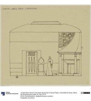 Darmstadt, Musiksaal im Neuen Palais, vorbereitende Skizze, Aufriss der Eingangswand
