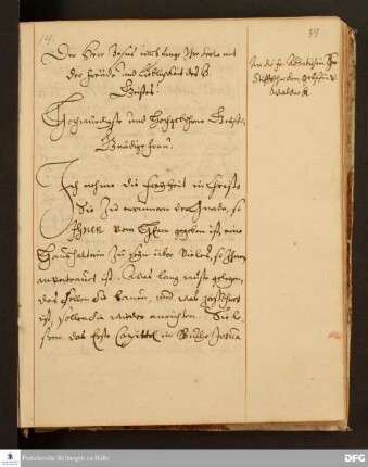 Brief von August Hermann Francke an Charlotte Sophie v. Waldeck.