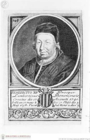 Unbekannte Sammlung numerierter Papstbildnisse in rundem Medaillon über wappenbewehrter Inschrift, mit Zierleiste in Akanthusornamentik, Benedikt XIV., Papst, Porträt