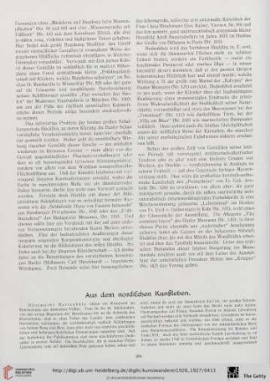 Aus dem nordischen Kunstleben / Londoner Kunstschau / Das Schicksal eines Tizian / Amerikas Kunstleben / Vom holländischen Kunstmarkt / Kunstausstellungen / Kunstauktionen / Die Schule Reimann in Berlin / Neue Kunstbücher