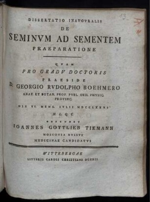 Dissertatio Inauguralis De Seminum Ad Sementem Praeparatione : Die VI. Mens. Iulii MDCCLXXXI