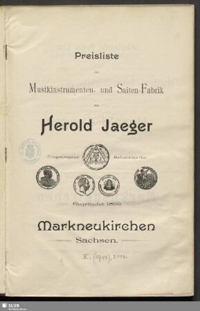 Preisliste der Musikinstrumenten- und Saiten-Fabrik
