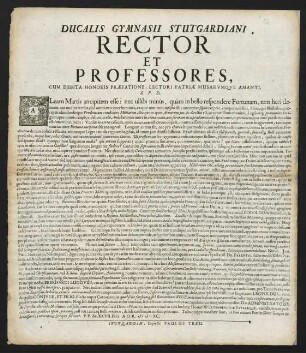 Ducalis Gymnasii Stutgardiani Rector Et Professores...