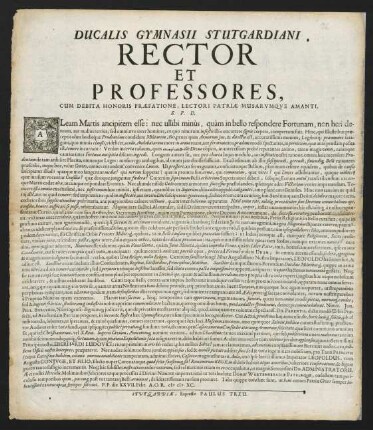 Ducalis Gymnasii Stutgardiani Rector Et Professores...
