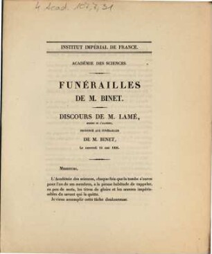 Funérailles de M. Binet : discours de M. Lamé ... le mercredi 14 mai 1856