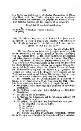 Vereinbarung mit dem Senate der freien und Hansestadt Hamburg wegen gegenseitiger Anerkennung der Prüfungszeugnisse für Lehrer und Lehrerinnen : [IV. Seminare, Bildung der Lehrer und deren persönliche Verhältnisse]