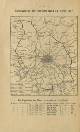 Karte: Streckenplan der Fernfahrt Rund um Berlin 1907