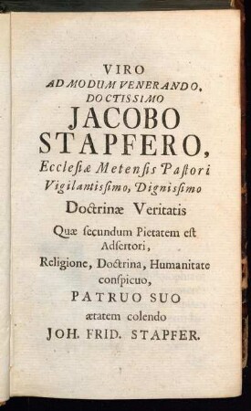 Viro ad Modum Venerando, Doctissimo Jacobo Stapfero,[...]