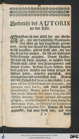Vorbericht des Autoris an den Leser.