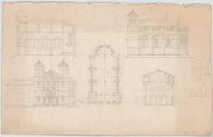 Thiersch, August ; Diamantina (Brasilien); Lazaristenkirche, Projekt - Grundriss, Ansichten, Schnitt, Detail