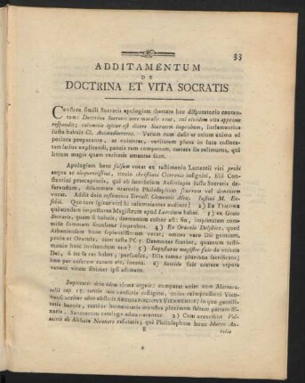 Additamentum De Doctrina Et Vita Socratis