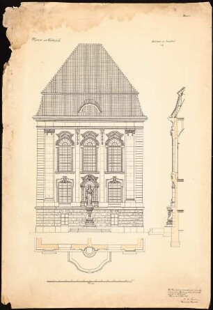 Kunstmuseum und Kunstgewerbeschule: Teilansicht der Hauptfront. Ansicht, Grundriss, Schnitt, 1:50