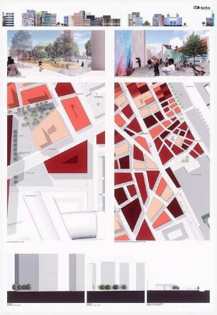 Quartier am Hauptbahnhof, Berlin Schinkelwettbewerb 2007: Perspektivische Ansichten, Grundrisse, Schnitte 1:500