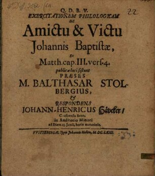 Exercitationem philologicam de amictu & victu Johannis Baptistae