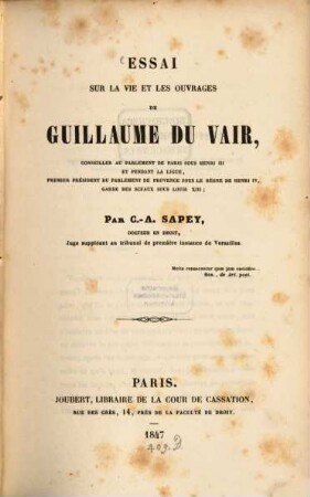 Essai sur la vie et les ouvrages de Guillaume Du Vair