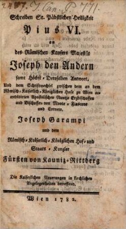 Schreiben an Joseph II. samt Höchstderoselben Antwort