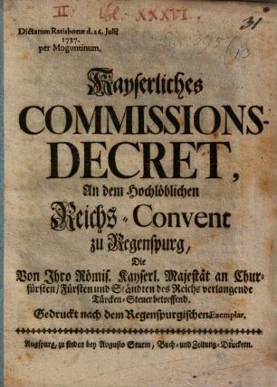 Kayserliches Commissions Decret Die Türkensteuer betr.
