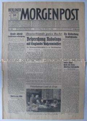 Tageszeitung "Berliner Morgenpost" u.a. zum Reichstagsbrandprozess und zu den Abrüstungsverhandlungen in Genf