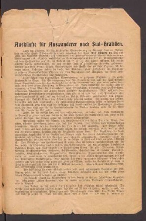 Auskünfte für Auswanderer nach Süd-Brasilien.