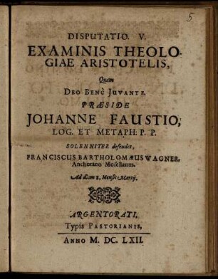 Disputatio. V. Examinis Theologiae Aristotelis