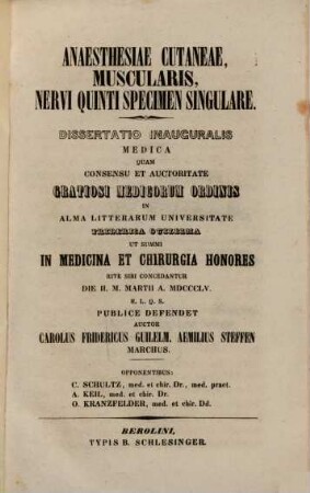 Anaesthesiae cutaneae muscularis, nervi quinti specimen singulare : dissertatio inauguralis medica
