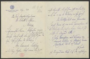 Brief an B. Schott's Söhne : 16.09.1931