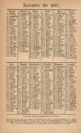 Kalender für 1897