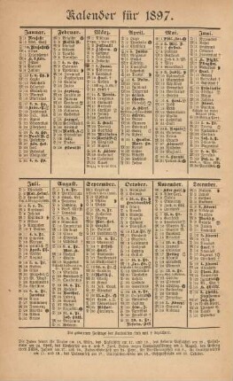 Kalender für 1897