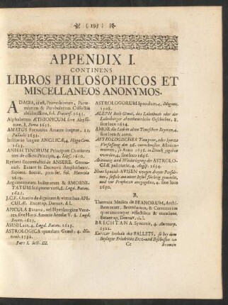 Appendix I. Continens Libros Philosophicos Et Miscellaneos Anonymos
