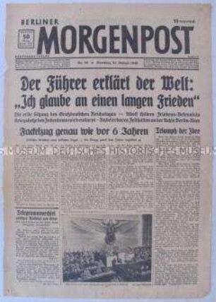 Titelblatt der Tageszeitung "Berliner Morgenpost" zur Rede Hitlers anlässlich des 6. Jahrestages der Regierungsübernahme