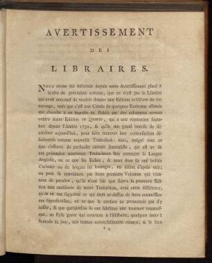 Avertissement des Libraires.