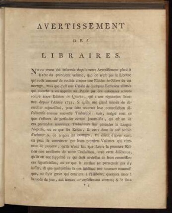 Avertissement des Libraires.