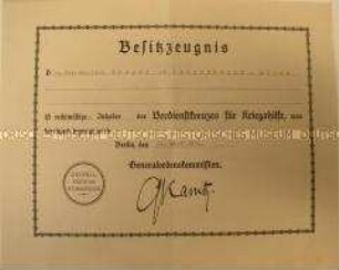 Besitzzeugnis über das Verdienstkreuz für Kriegshilfe für den Gutsbesitzer Otto Karl Hermann Gauger aus Langenhagen-Abbau, ausgestellt von der Generalordenskommission; Berlin, 12. März 1920