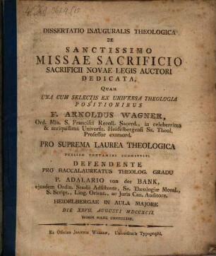 Diss. ... de ss. missae sacrificio