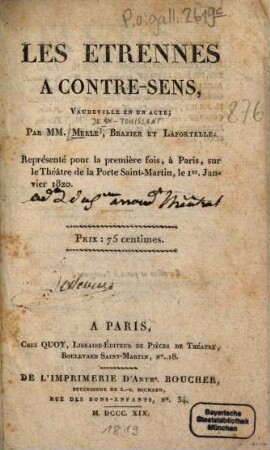 Les étrennes à contre-sens : Vaudeville en un acte
