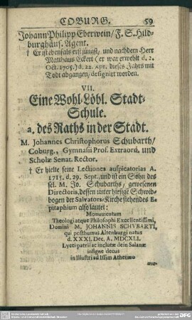 VII. Eine Wohl-Löbl. Stadt-Schule