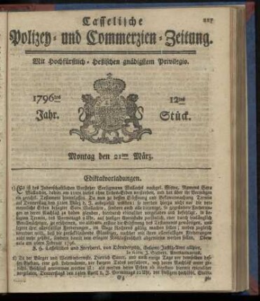 12tes Stueck, Montag den 21ten Maerz. 1796
