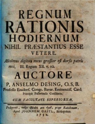 Regnum Rationis Hodiernum Nihil Præstantius Esse Vetere