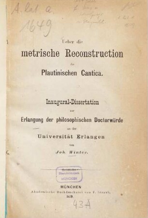 Ueber die metrische Reconstruction der Plautinischen Cantica