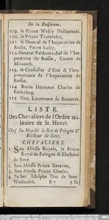 Liste. Des Chevaliers de l'Ordre militaire de St. Henri.