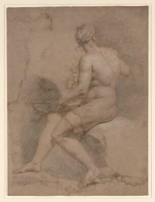 Vouet, Simon: Zeichnungen I, Blatt 1: Männliche Aktfigur sitzend, nach rückwärts gewendet, Frisur wie beim Apoll von Belvedere - BSB Cod.icon. 397 a(1