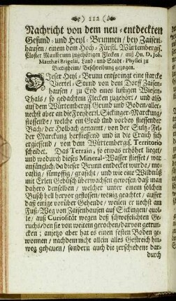 Nachricht von dem neu-entdeckten Gesund- und Heyl-Brunnen/ bey Zaisenhausen/ [...]