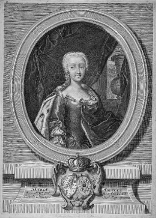 Bildnis Maria Amalia von Sachsen, Königin von Spanien : Bernigeroth, Johann Martin: Maria Amalia, Königin von Spanien, geborene Prinzessin von Sachsen (1724-1760). Bildnis im Oval, 1738. Kupferstich; 392 x 280 mm. Dresden: Kupferstich-Kabinett A 149148 in A 226,2, Singer 60669