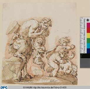 Ein Satyr mit großer Maske, drei Knaben ängstigend